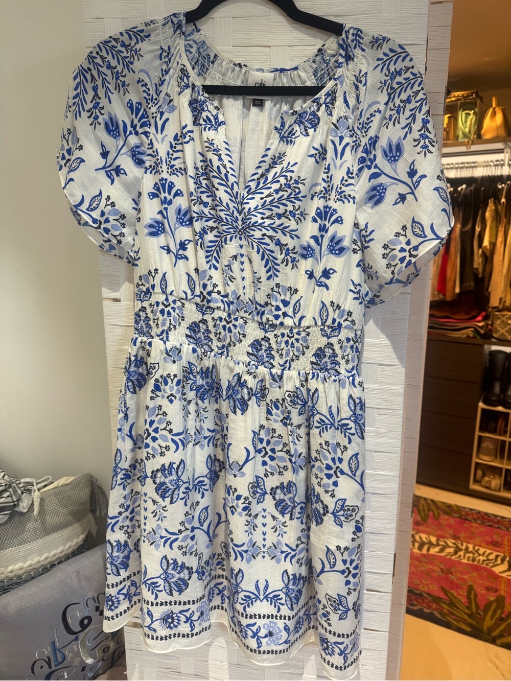 CAbi White Dress with Blue Floral Print- Santorini dress